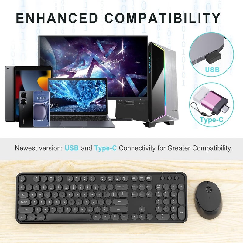SkyGive Wireless Keyboard and Mouse Combo, Ergonomic Full Size Typewriter Retro Round Keycaps Keyboard, Compatible with Windows, PC, Perfer for Home and Office Keyboards (Black - Image 2